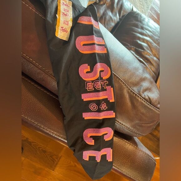 Justice (NWT) black leggings with purple & orange glitter letters size L 10/12 - Picture 7 of 8